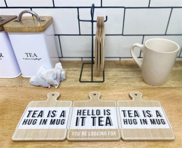 Set of Six Tea Slogan Coasters On Metal Stand