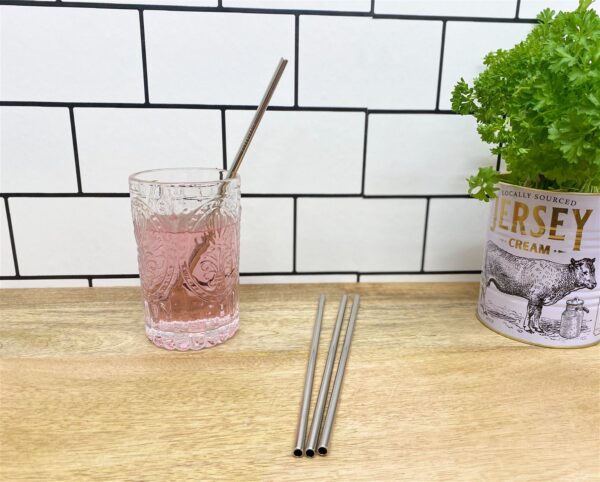 Set of Four Reusable Stainless Straws with Cleaning Brush
