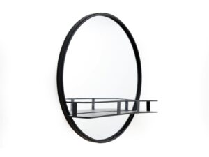 Circular Black Metal Framed Mirror With Shelf