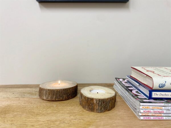 Set of Two Wooden Tealight Holders with Bark Detail