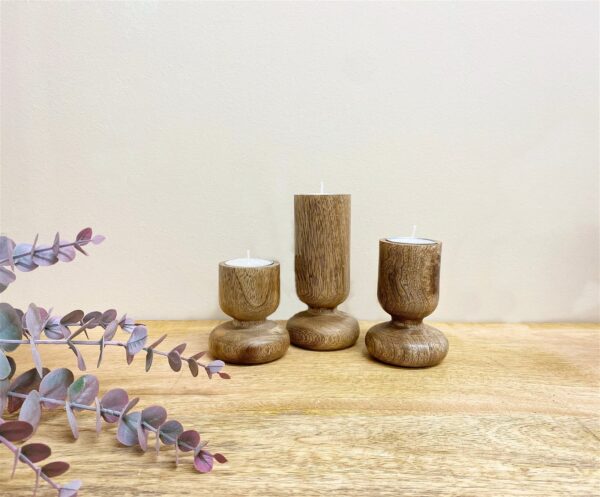 Set of Three Wooden Candlestick or Tea Light Holders
