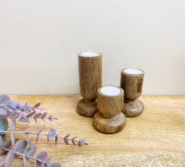 Set of Three Wooden Candlestick or Tea Light Holders